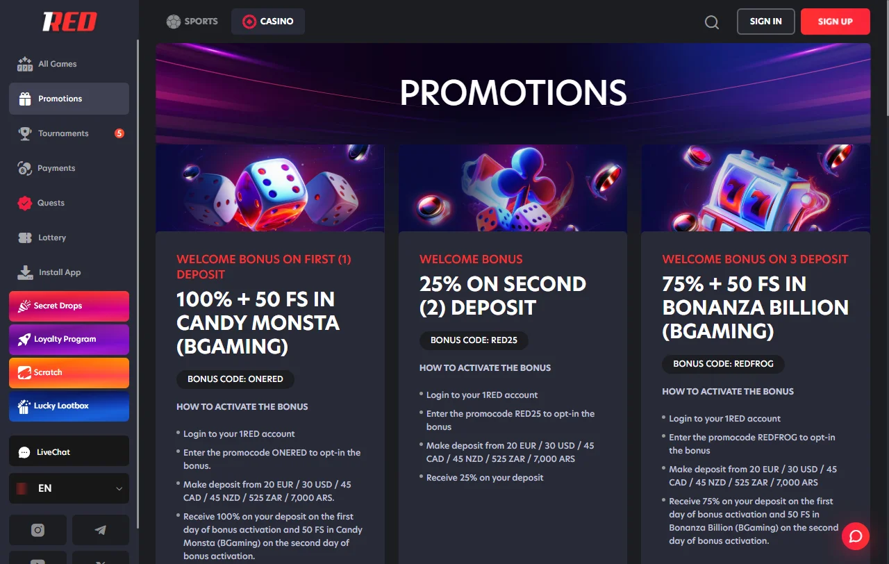 Oferta de juegos y proveedores en 1Red Casino