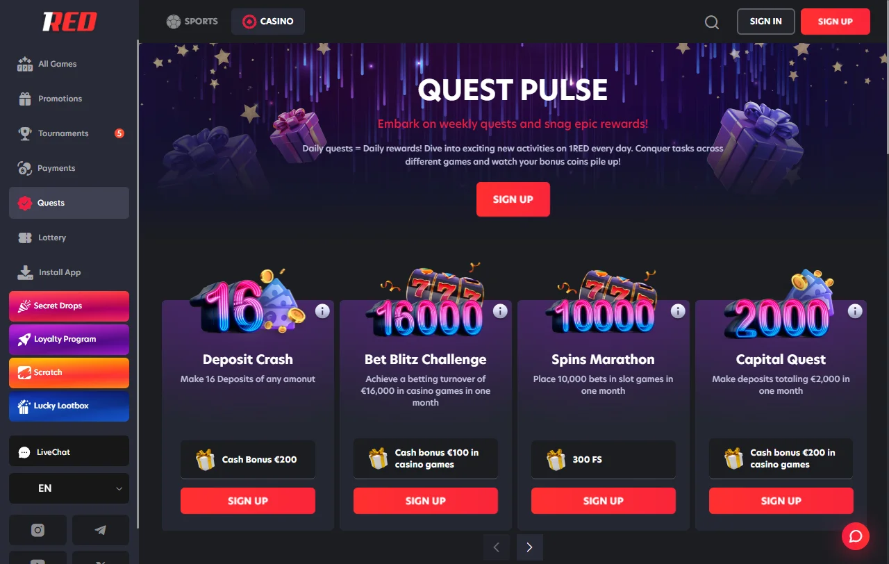 Bonos y promociones visibles en 1Red Casino