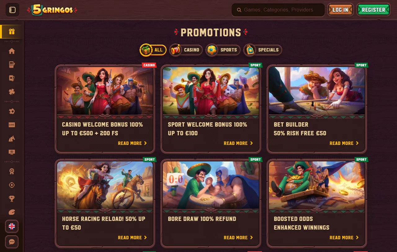 Oferta de juegos y proveedores en 5Gringos Casino para revisar variedad