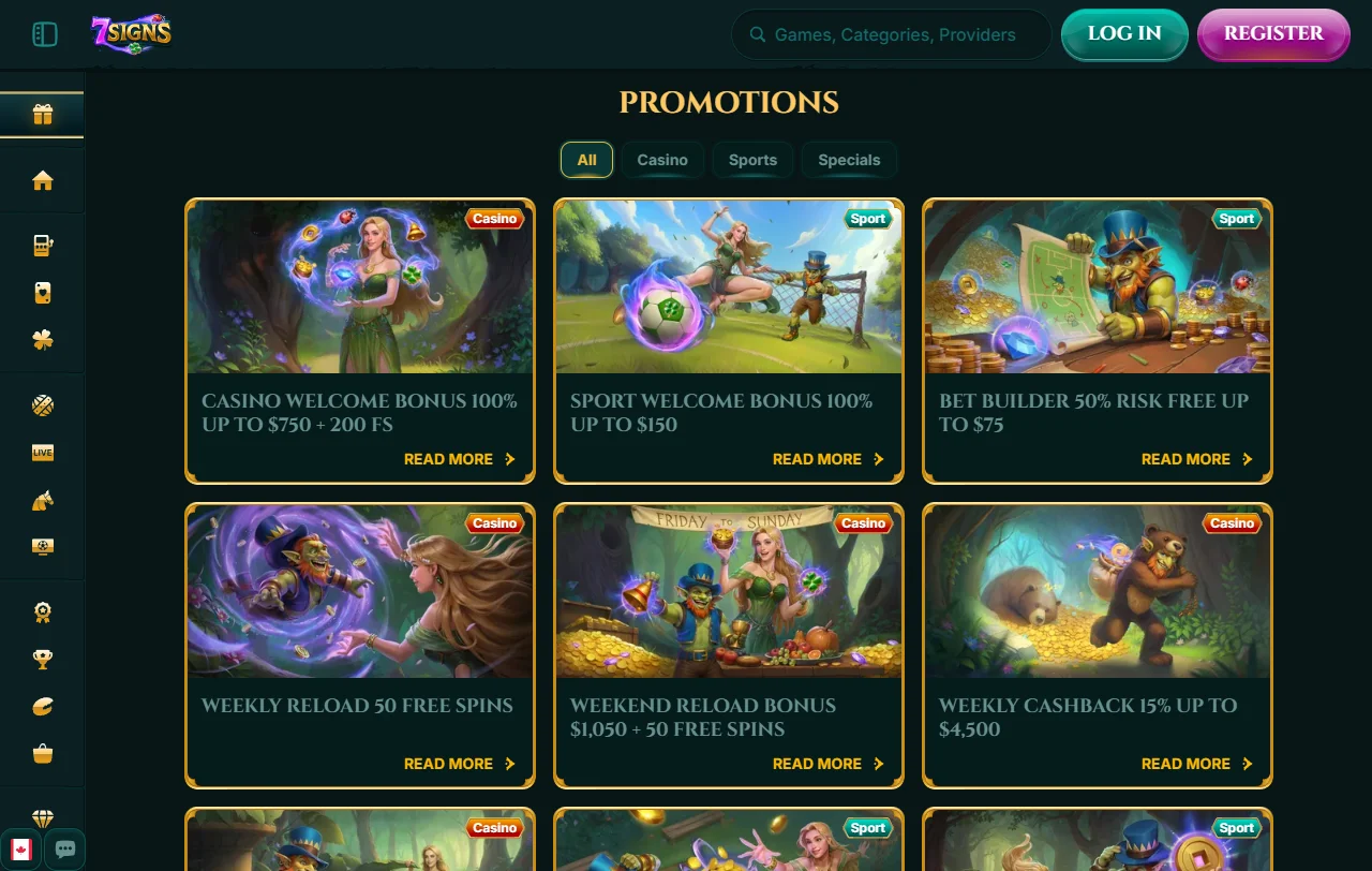 Bonos, promociones y valor del registro en 7Signs Casino