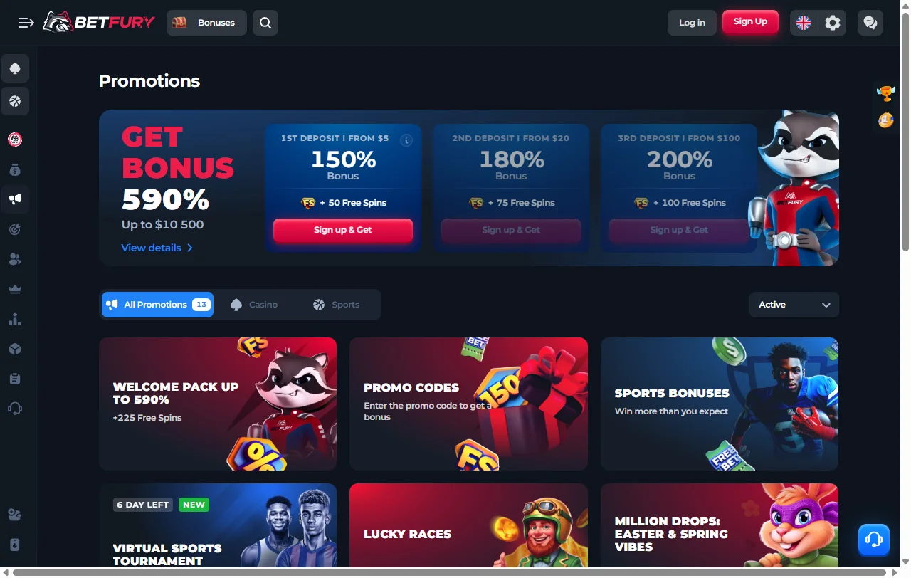 BetFury Casino con slots, crash y mesas en vivo