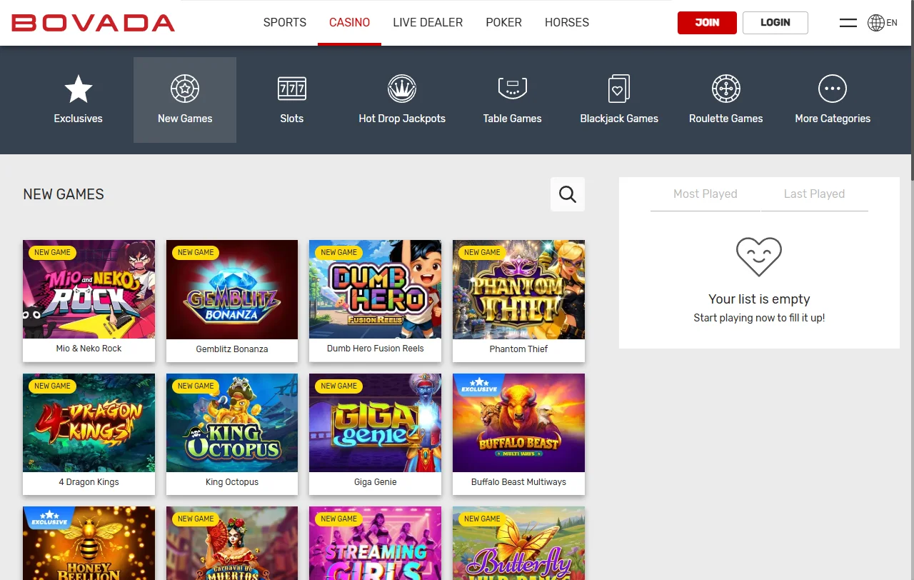 Bovada Casino catálogo de tragamonedas y casino en vivo