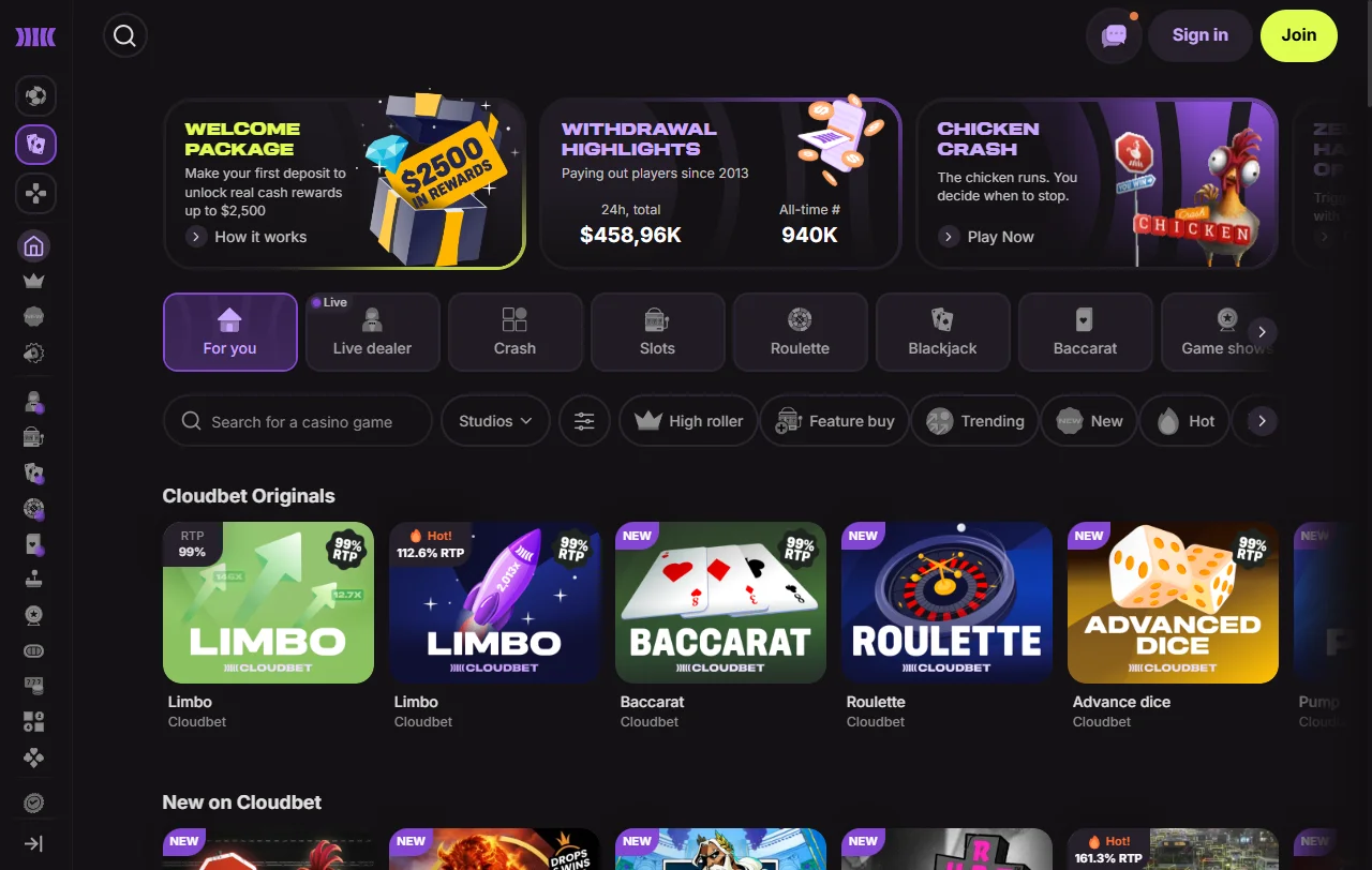 Cloudbet Casino juegos en vivo y tragamonedas destacadas