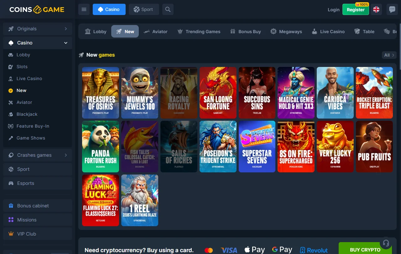 Coins Game Casino juegos en vivo y tragamonedas destacadas
