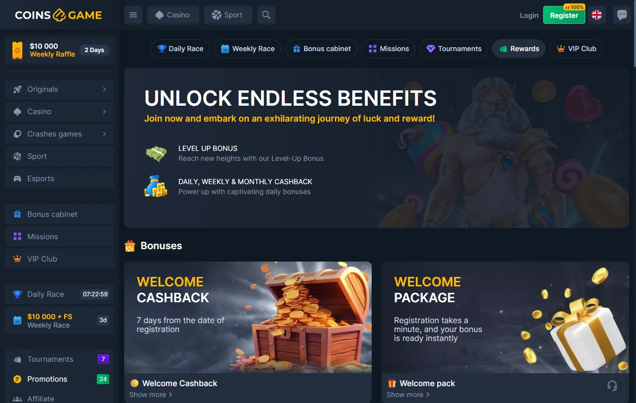 Coins Game Casino bonos y promociones de bienvenida