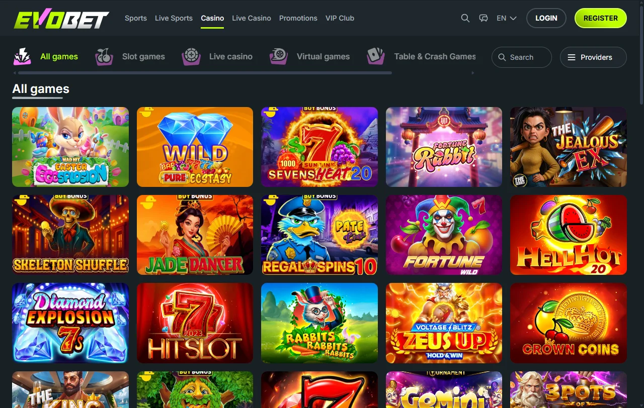 Evobet Casino catálogo de juegos, slots y vivo