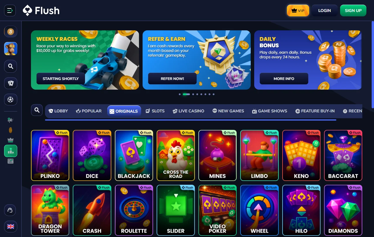 Flush Casino con tragamonedas, mesas y opciones de juego