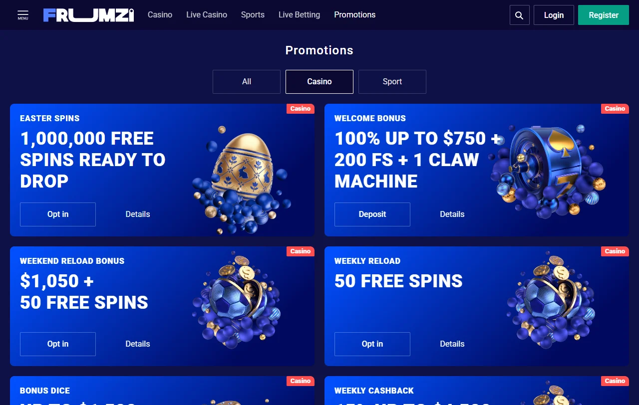 Frumzi Casino bonos, promociones y estructura de bienvenida