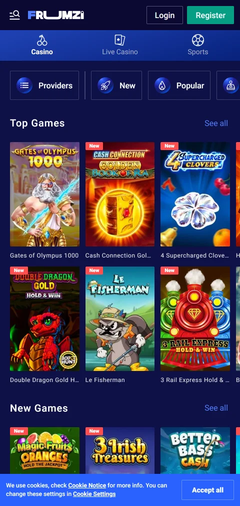 Frumzi Casino depósitos, retiros y métodos de pago