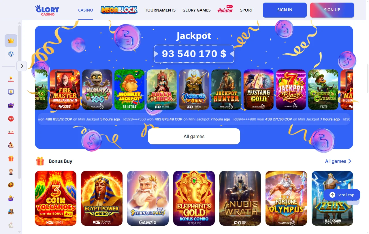 Glory Casino catálogo de juegos y proveedores