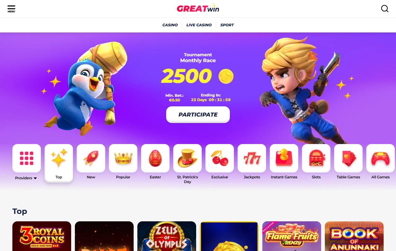 GreatWin Casino con tragamonedas, mesa en vivo y catálogo variado
