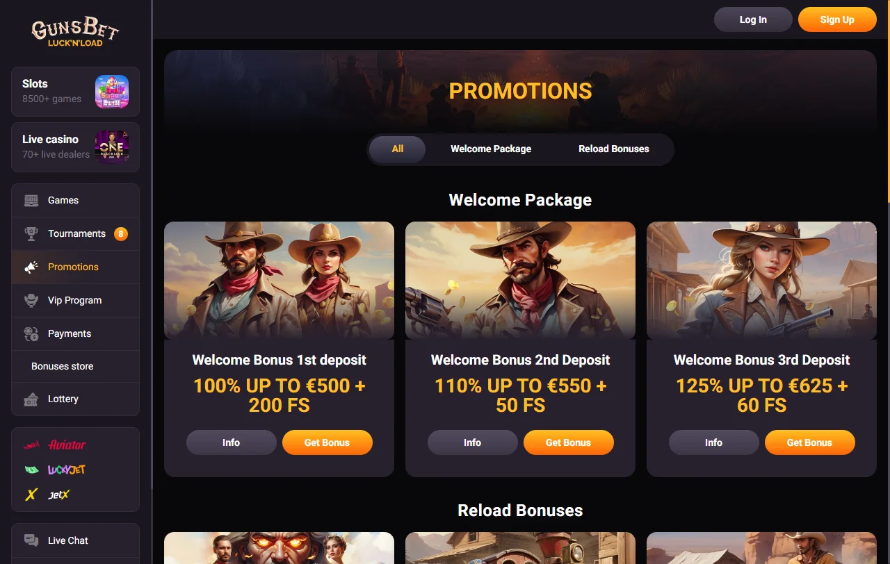 Bonos, giros gratis y promociones de Gunsbet Casino