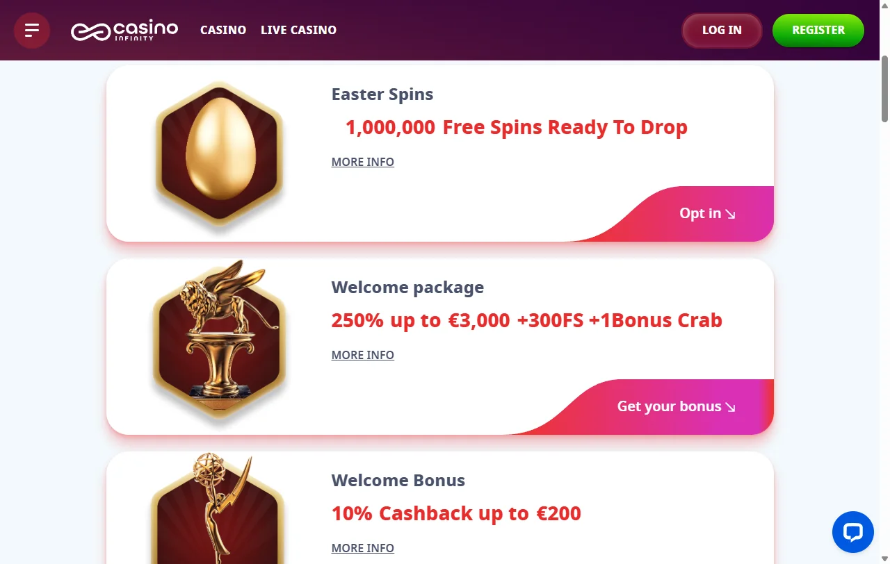 Infinity Casino bonos de bienvenida y promociones