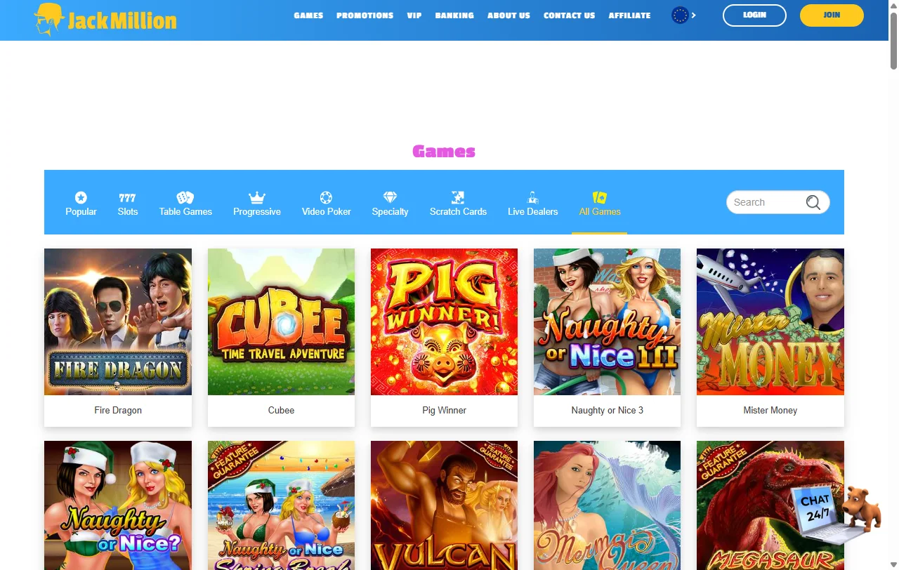 Juegos y proveedores destacados en Jack Million Casino