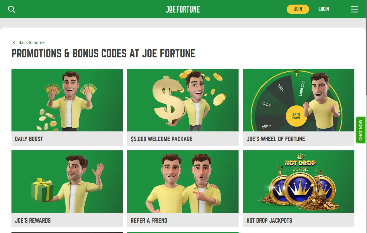 Joe Fortune Casino con tragamonedas, mesas y juego en vivo