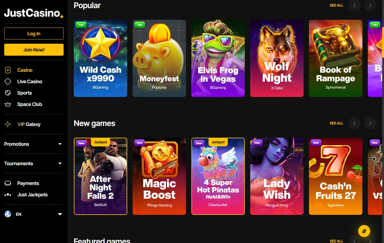 Juegos, slots y mesas disponibles en Just Casino para Perú