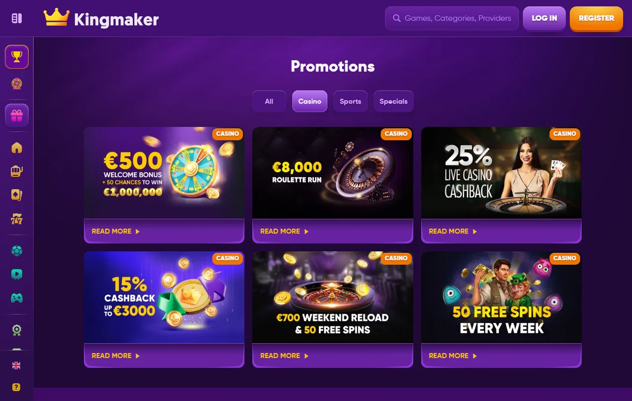Kingmaker Casino biblioteca de tragamonedas, vivo y mesas clásicas