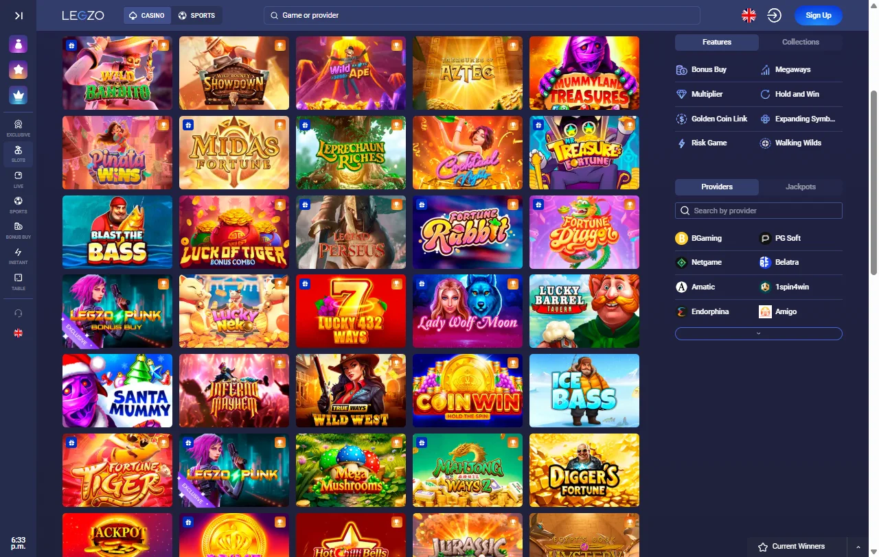 Legzo Casino con tragamonedas, mesas y casino en vivo