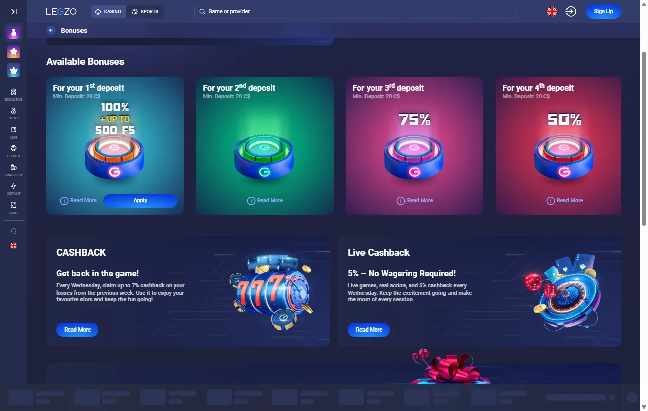 Legzo Casino y sus bonos de bienvenida para Perú
