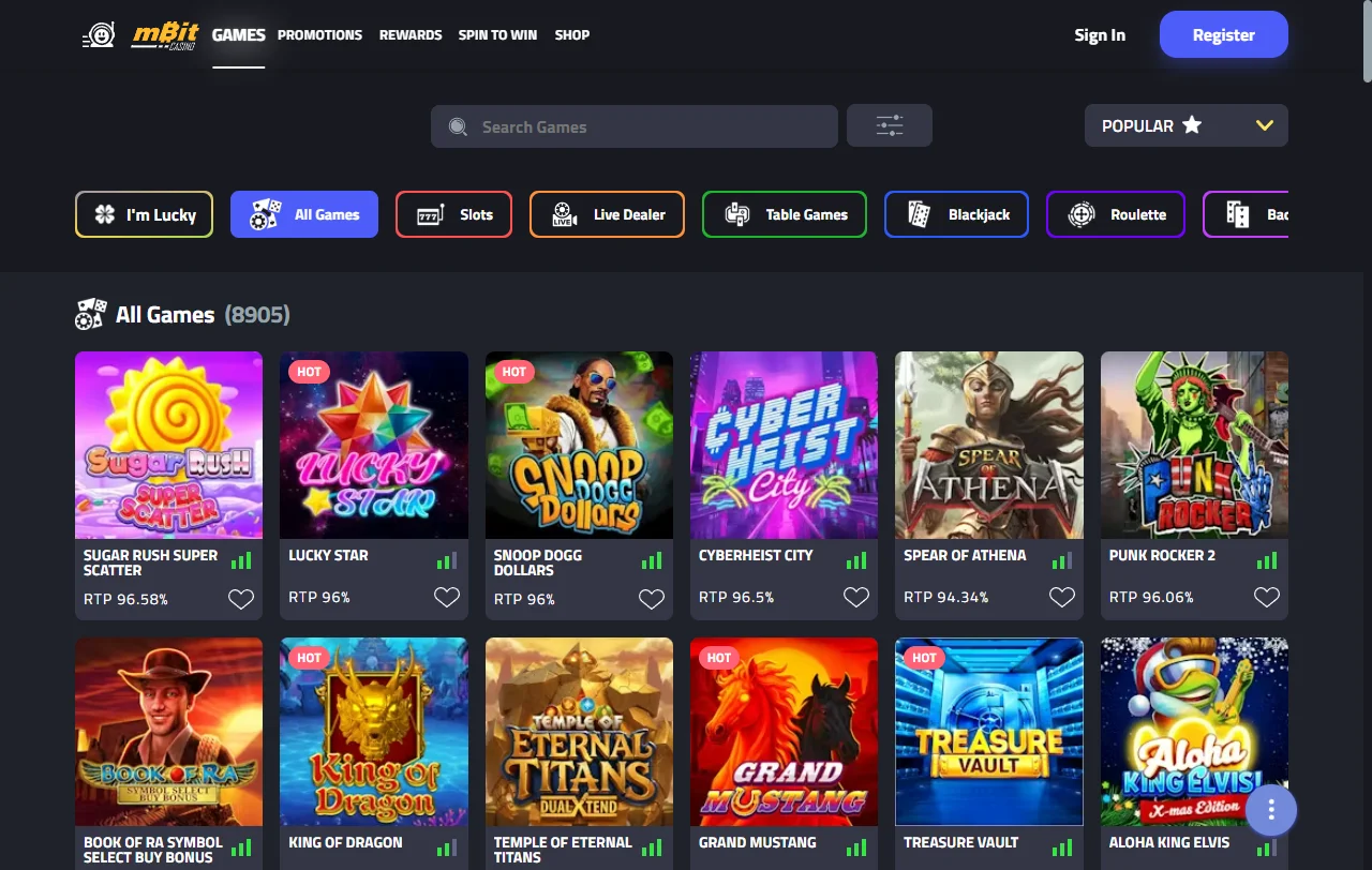 Oferta de juegos y slots destacada en mBit Casino