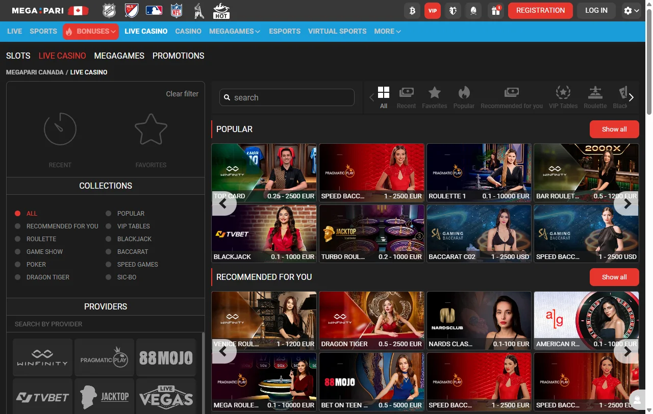 Megapari Casino juegos de casino en vivo y slots