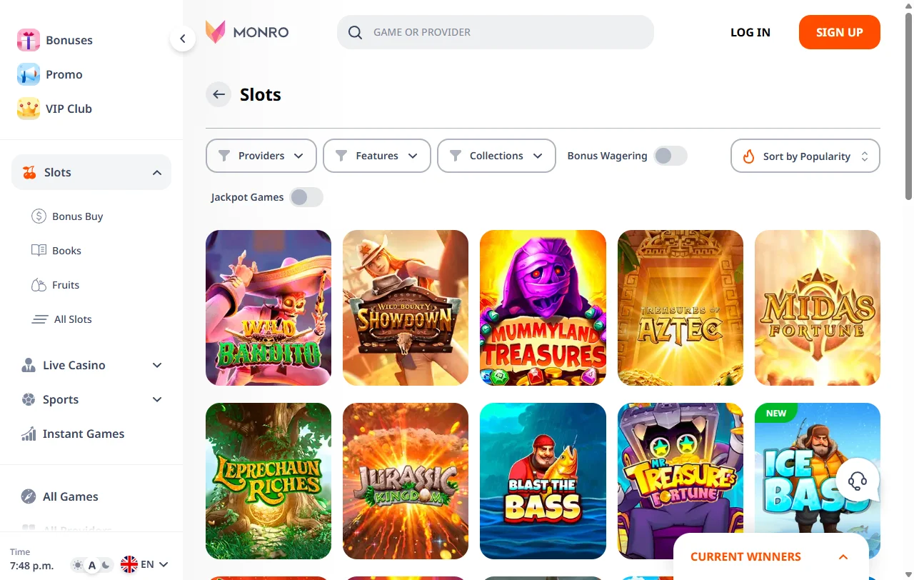 Monro Casino con juegos, slots y mesas en vivo