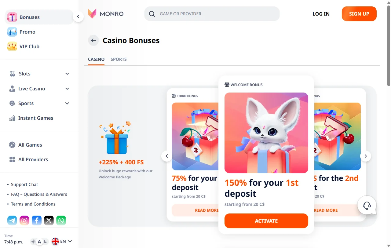Monro Casino y sus bonos, promociones y condiciones