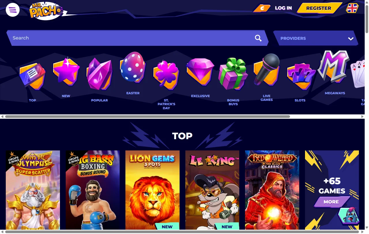 Oferta de juegos y proveedores en Mr. Pacho Casino