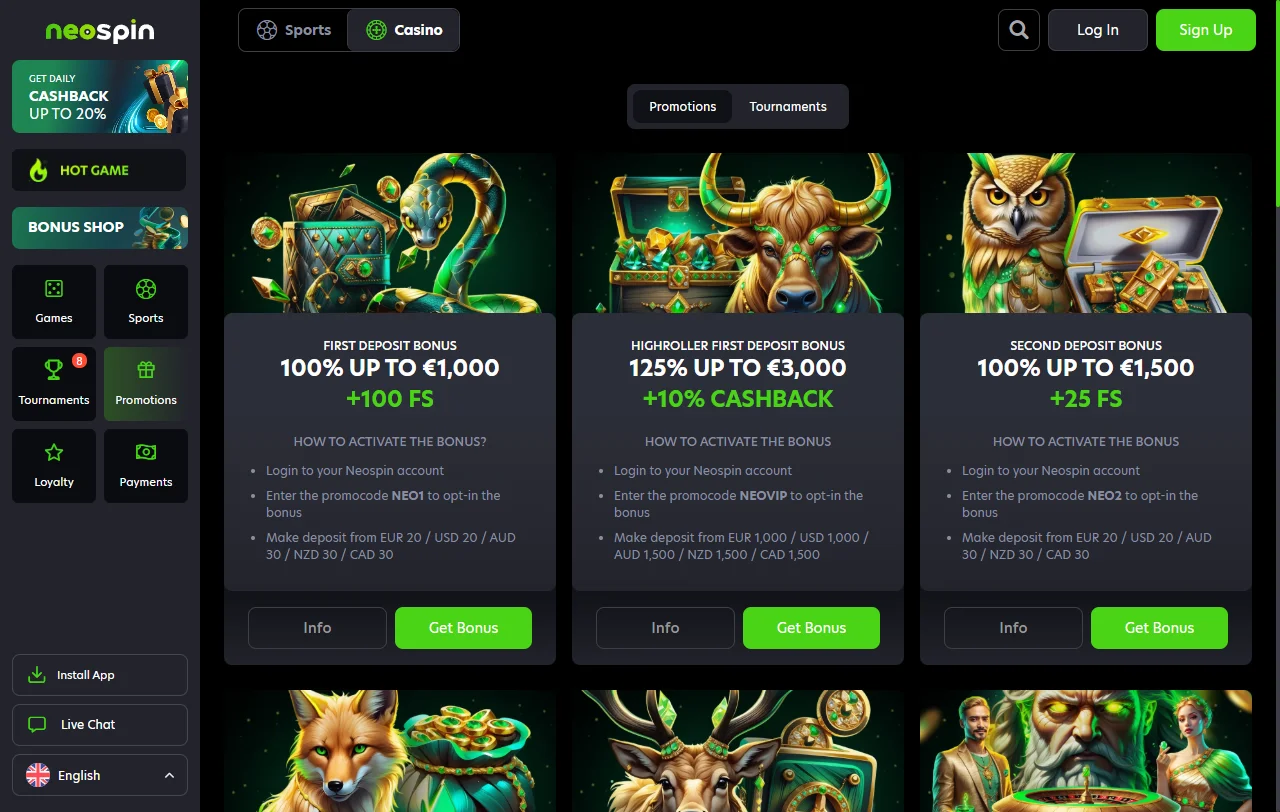 Neospin Casino bonos, promociones y oferta de bienvenida