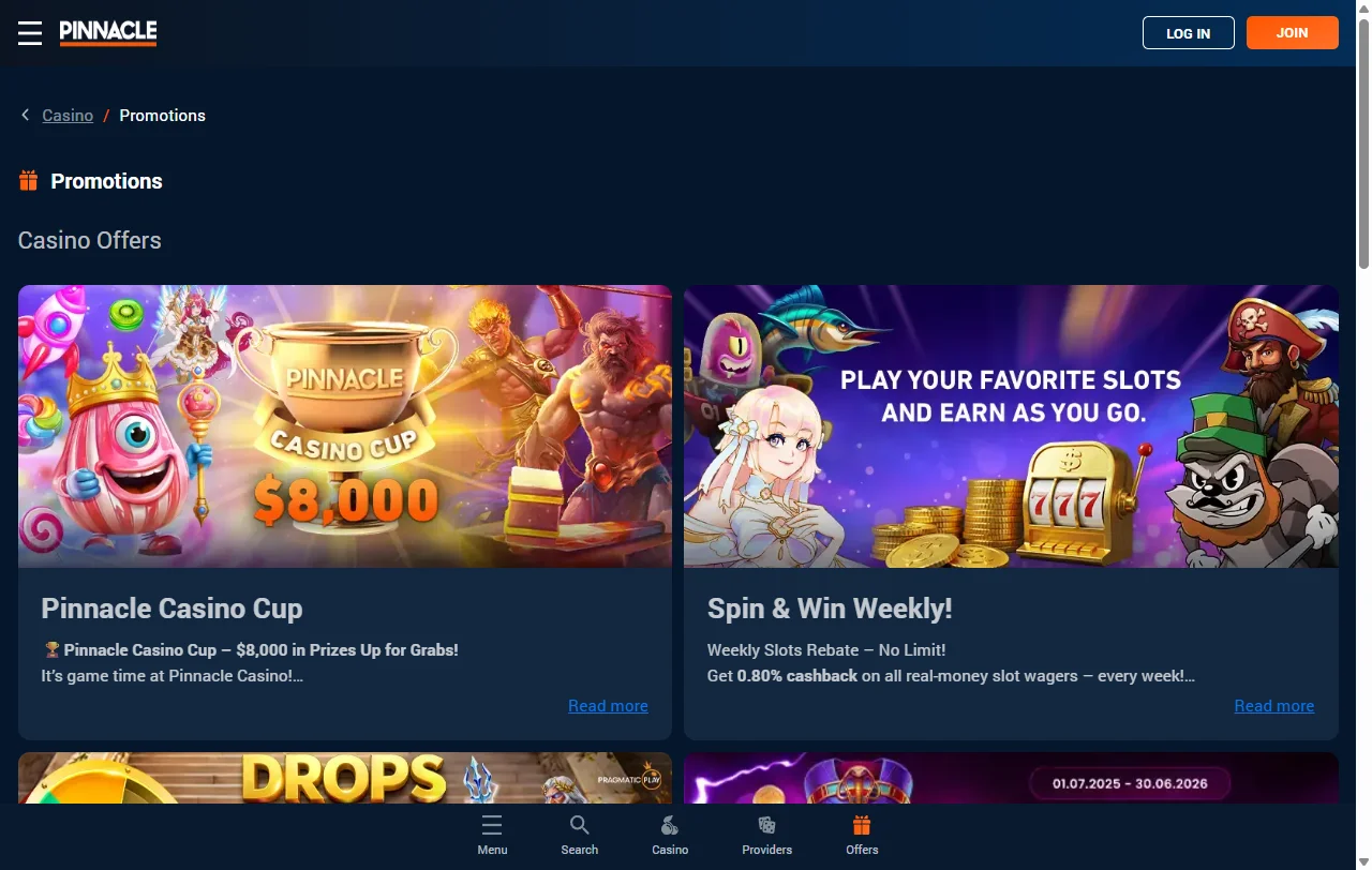 Pinnacle Casino con juegos, slots y casino en vivo