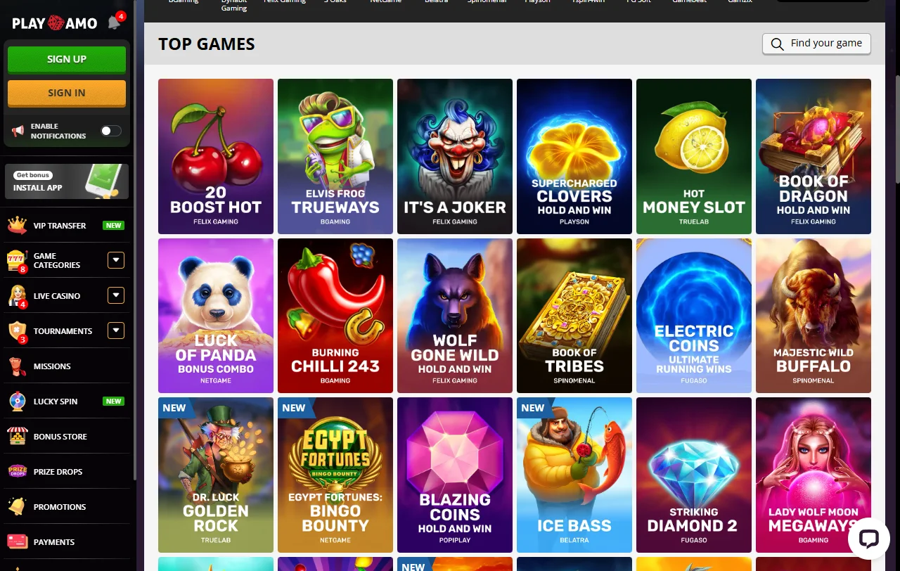 PlayAmo Casino con juegos, slots y casino en vivo