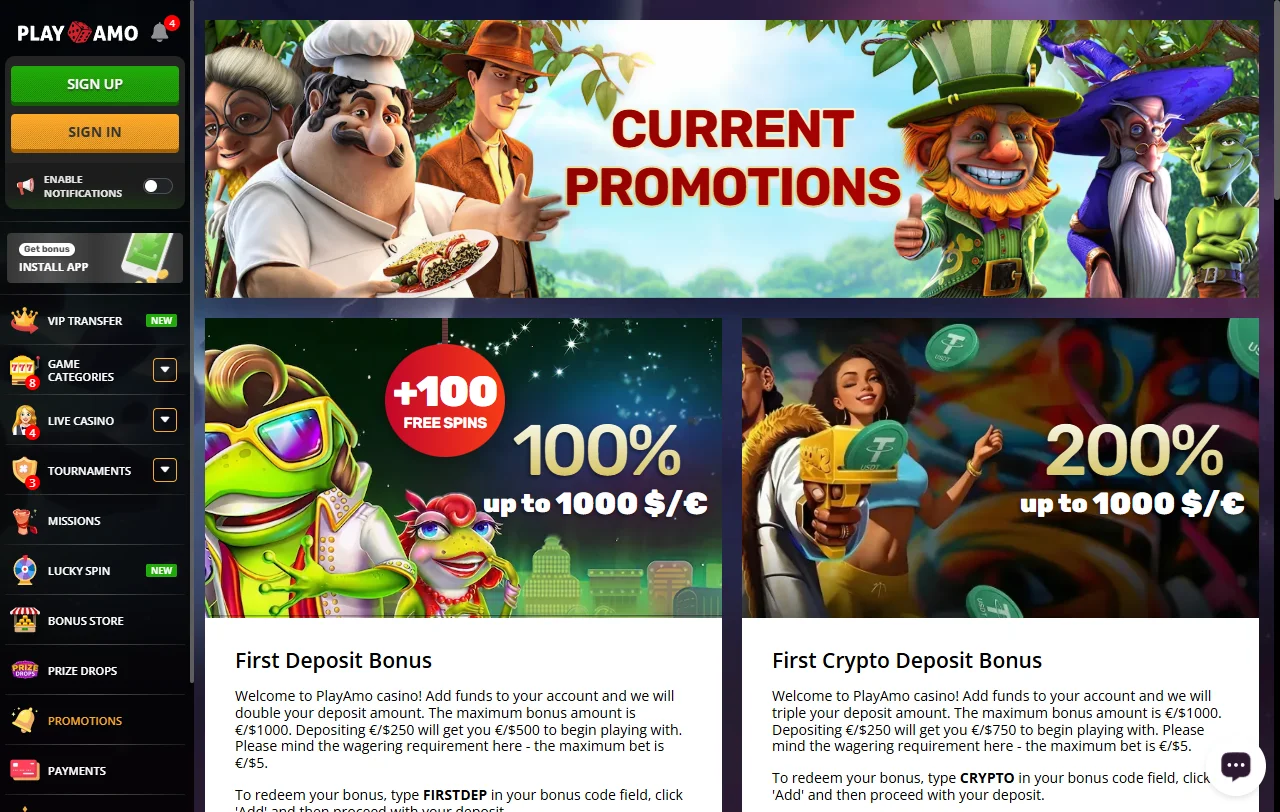 PlayAmo Casino bonos, promociones y oferta de bienvenida