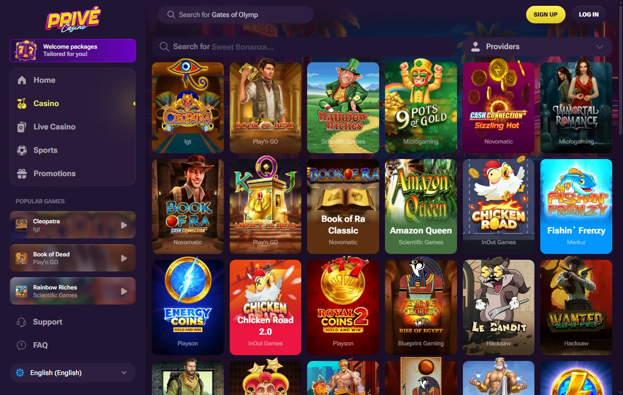 Prive Casino con catálogo de juegos y proveedores destacados