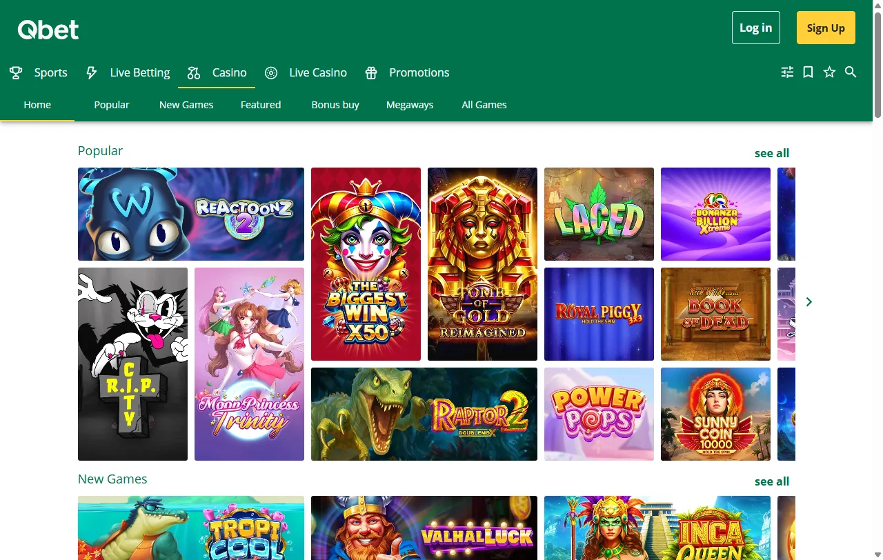 Qbet Casino con tragamonedas, mesas y juego en vivo