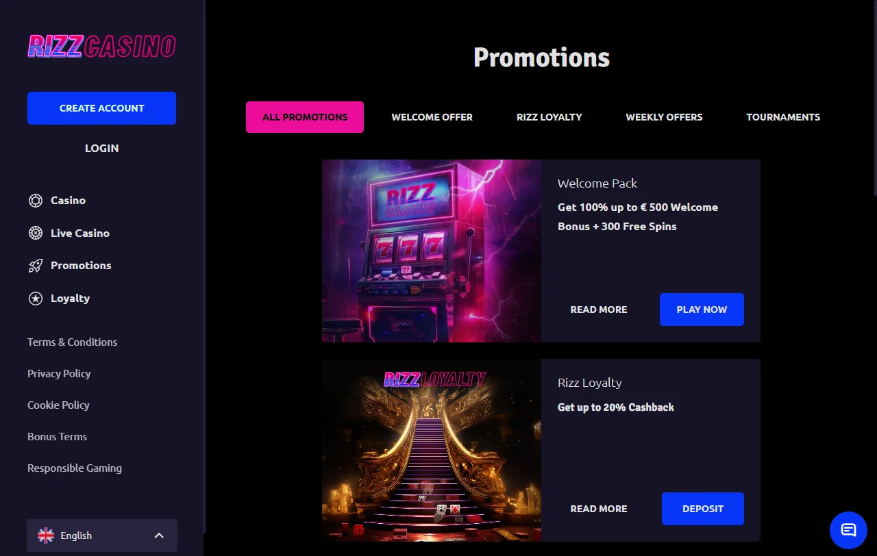 Rizz Casino bonos de bienvenida y promociones