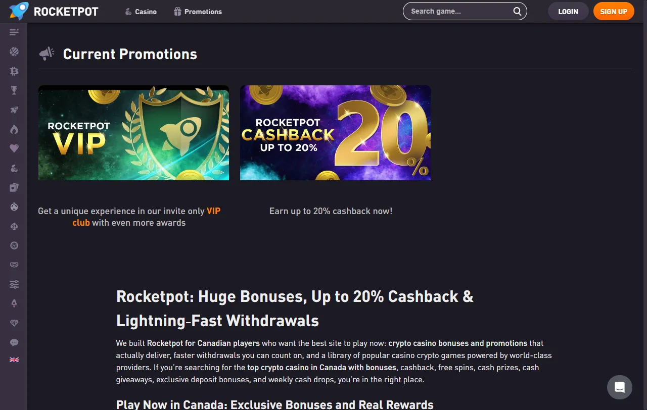 RocketPot Casino bonos, promociones y oferta de bienvenida