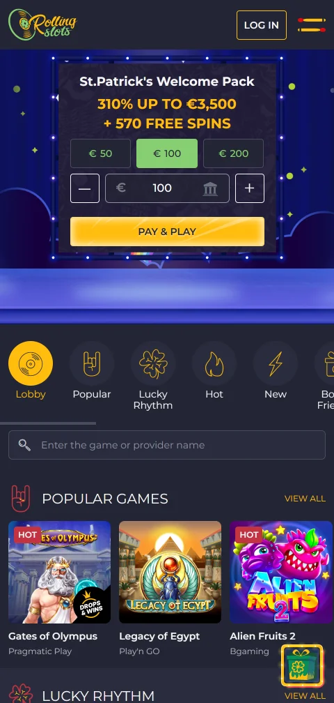 Rolling Slots Casino acceso móvil y juego responsivo