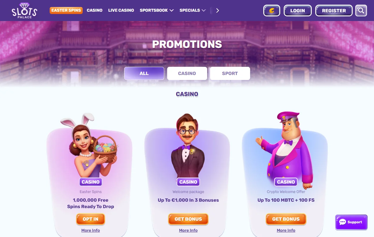 SlotsPalace Casino con juegos, slots y mesa en vivo