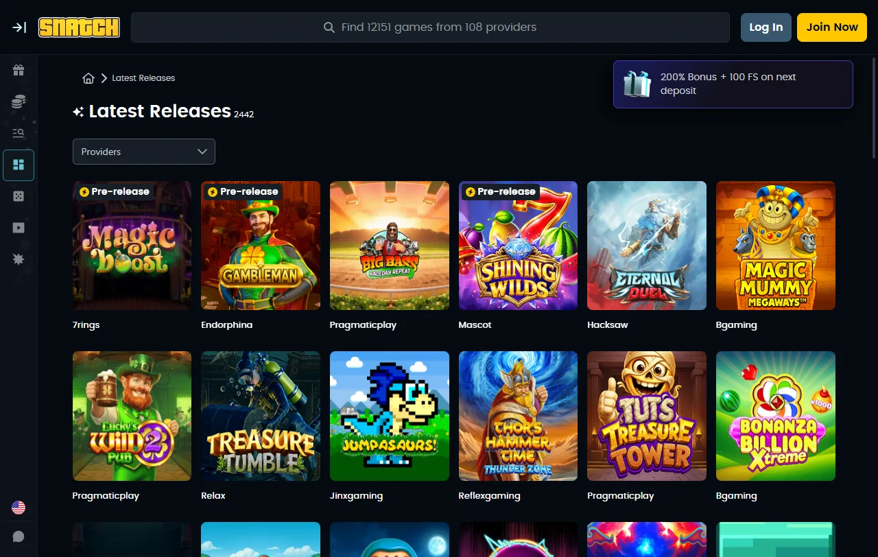 Snatch Casino catálogo de juegos y proveedores destacados en la revisión