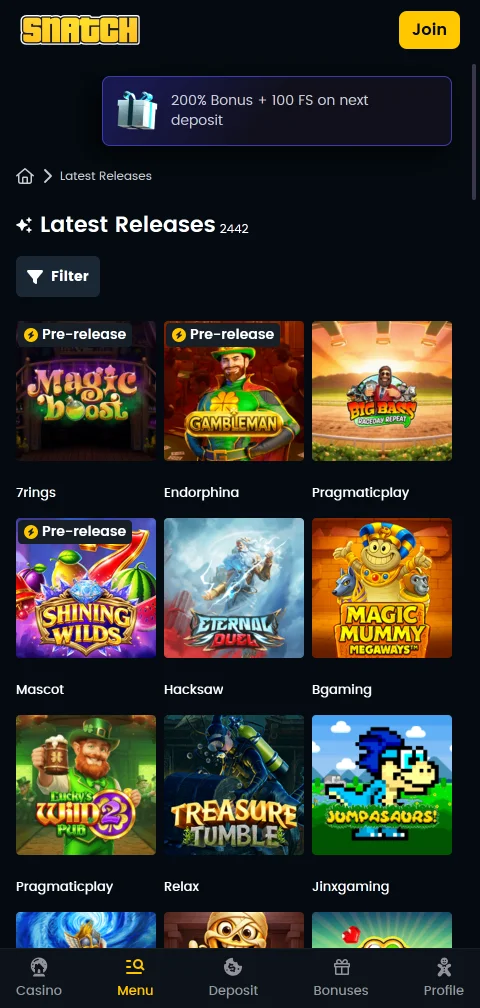 Snatch Casino depósitos, retiros y métodos de pago disponibles