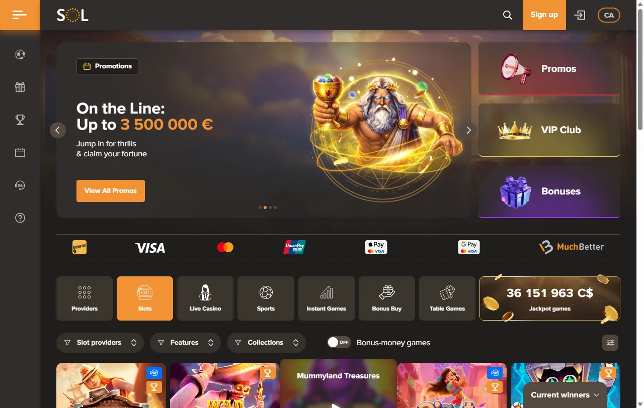 Sol Casino con amplia biblioteca de juegos y proveedores