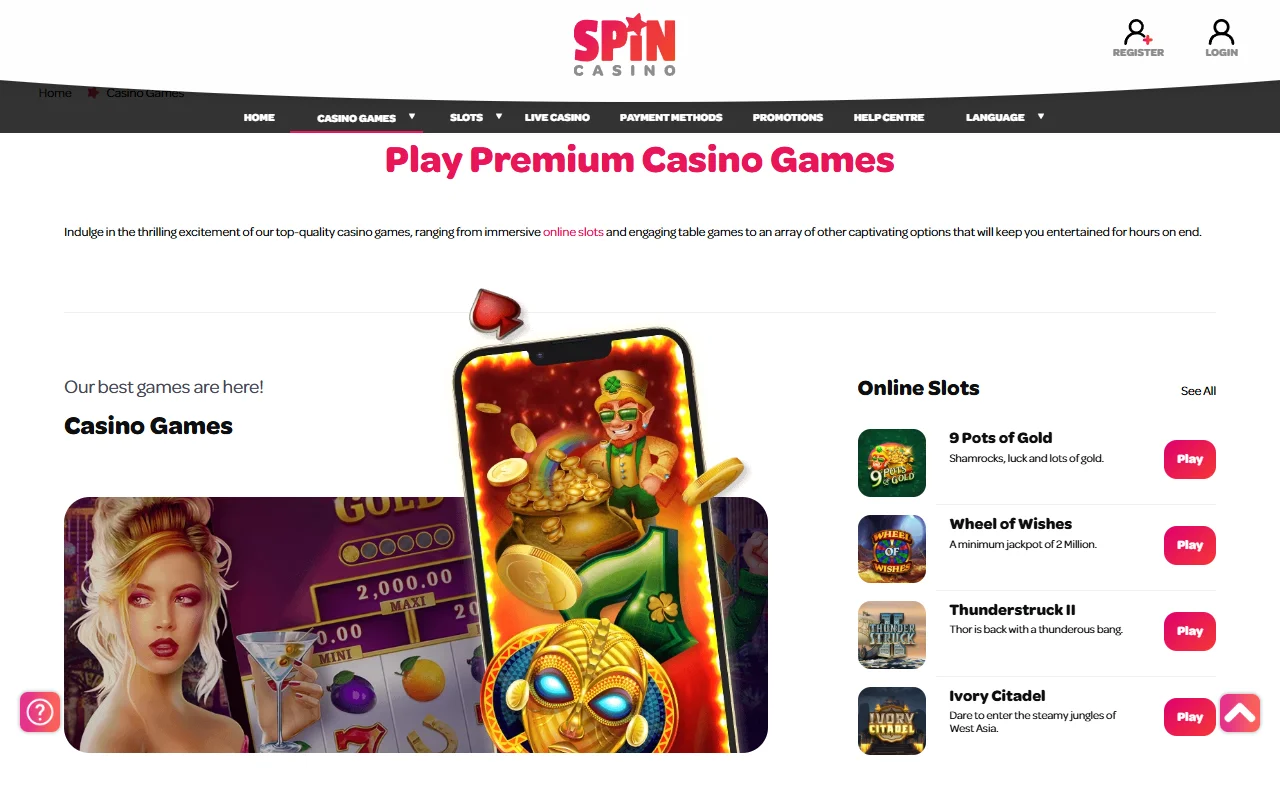 Juegos y tragamonedas destacados en Spin Casino