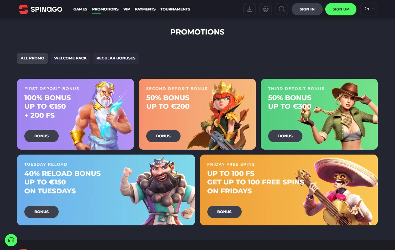 Spinago Casino con slots, mesas y juego en vivo