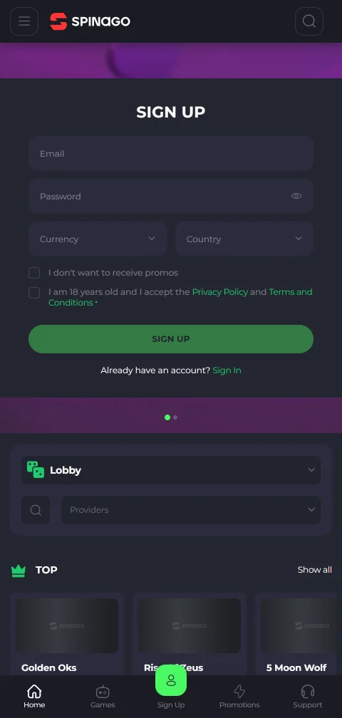Spinago Casino en móvil con acceso flexible