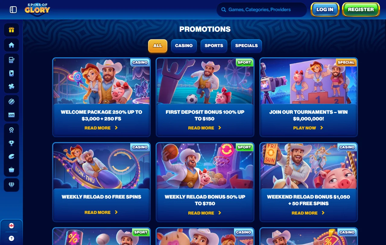 Spins of Glory Casino con tragamonedas y mesas de juego