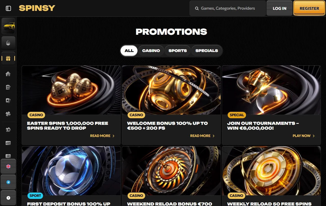 Spinsy Casino con variedad de juegos, slots y mesas