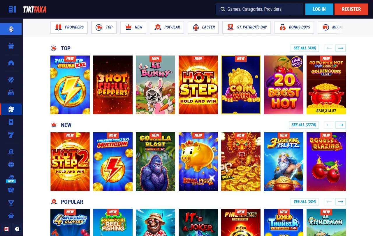 Oferta de juegos y proveedores en TikiTaka Casino