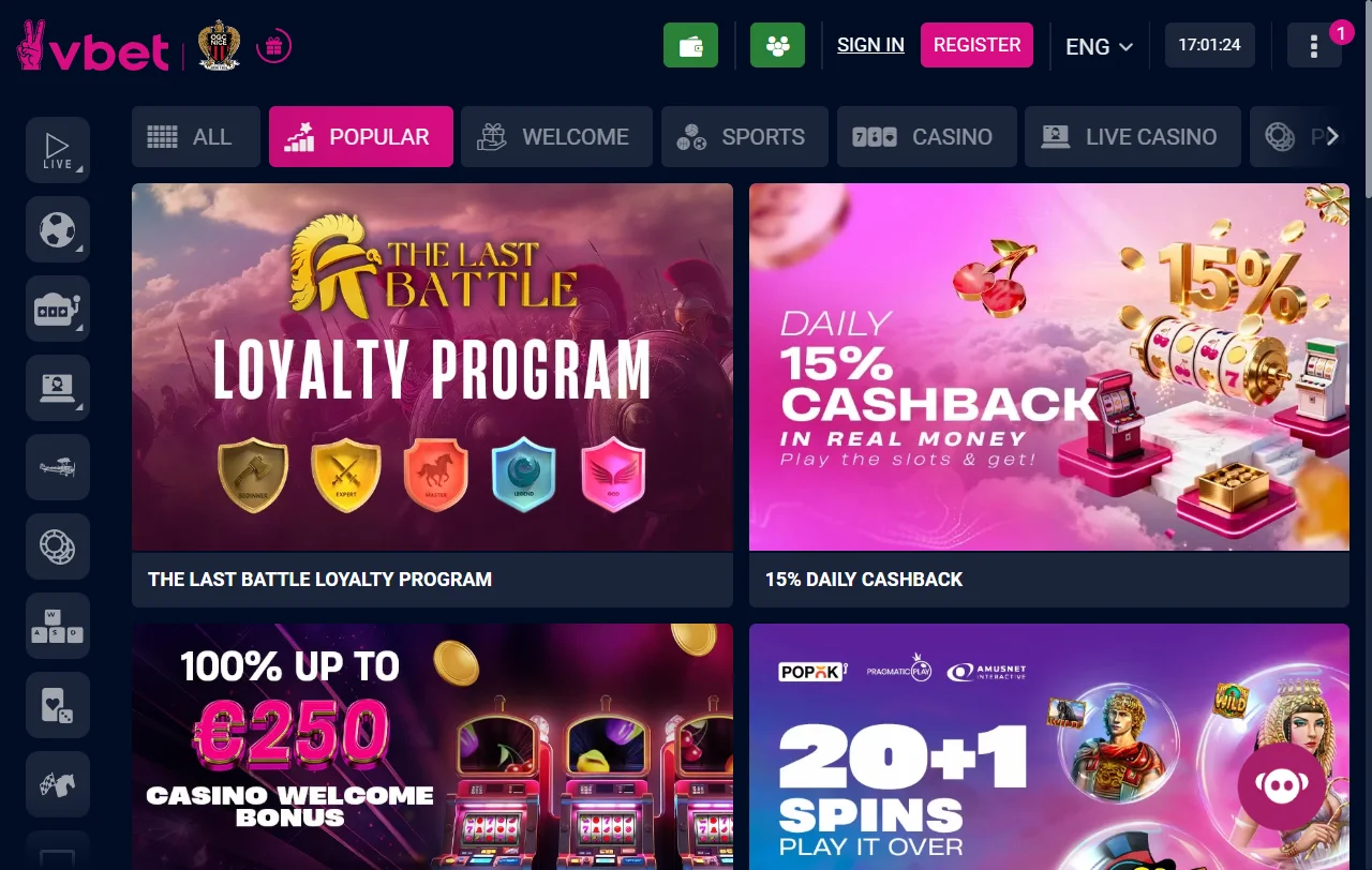 Juegos y catálogo amplio en Vbet Casino