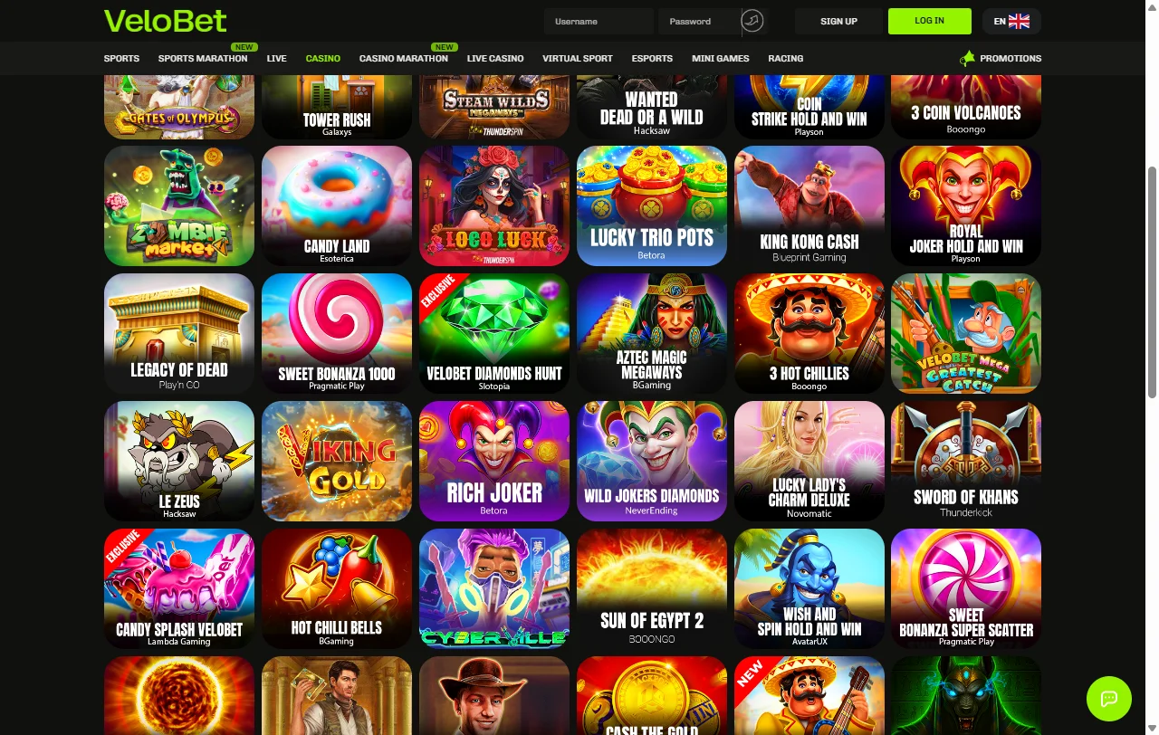 Catálogo de juegos y tragamonedas en Velobet Casino