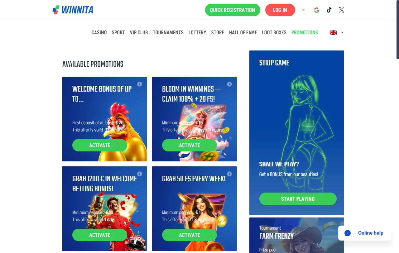 Winnita Casino bono de bienvenida y promociones iniciales
